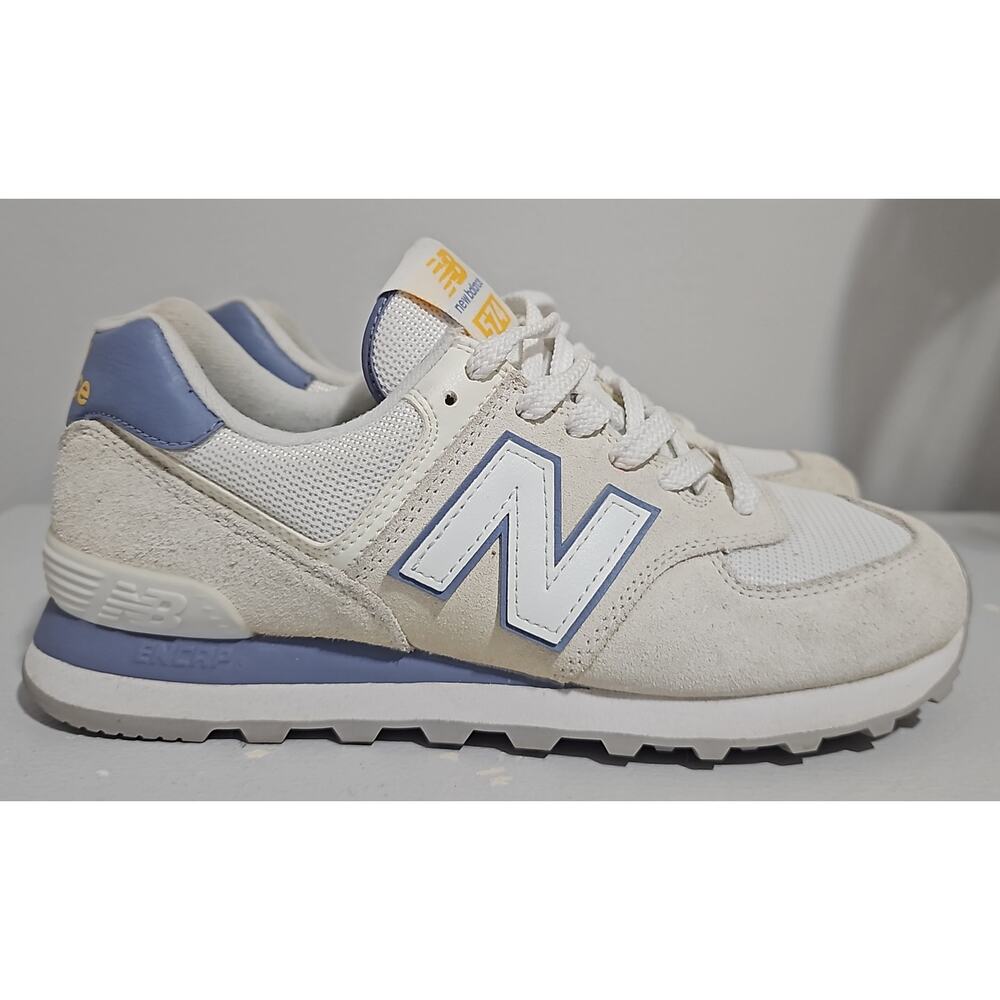 New Balance CALIA X 574 Womens 8 Cream Blue Sneakers Suede Encap